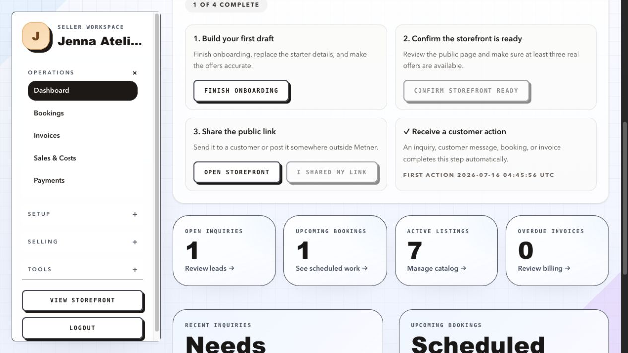 Seller dashboard showing inquiries, bookings, listings, and invoices